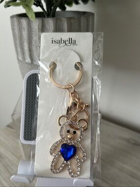 Abella Gold Bear Keychain/bag charm with Blue Heart Charm NIP